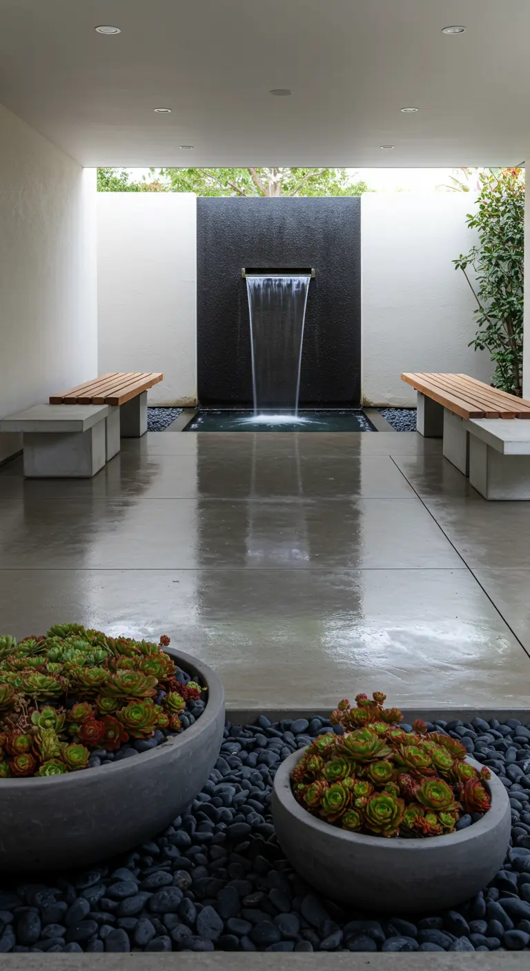 Patio interior minimalista con una fuente de pared, bancos de hormigón y maceteros bajos con suculentas