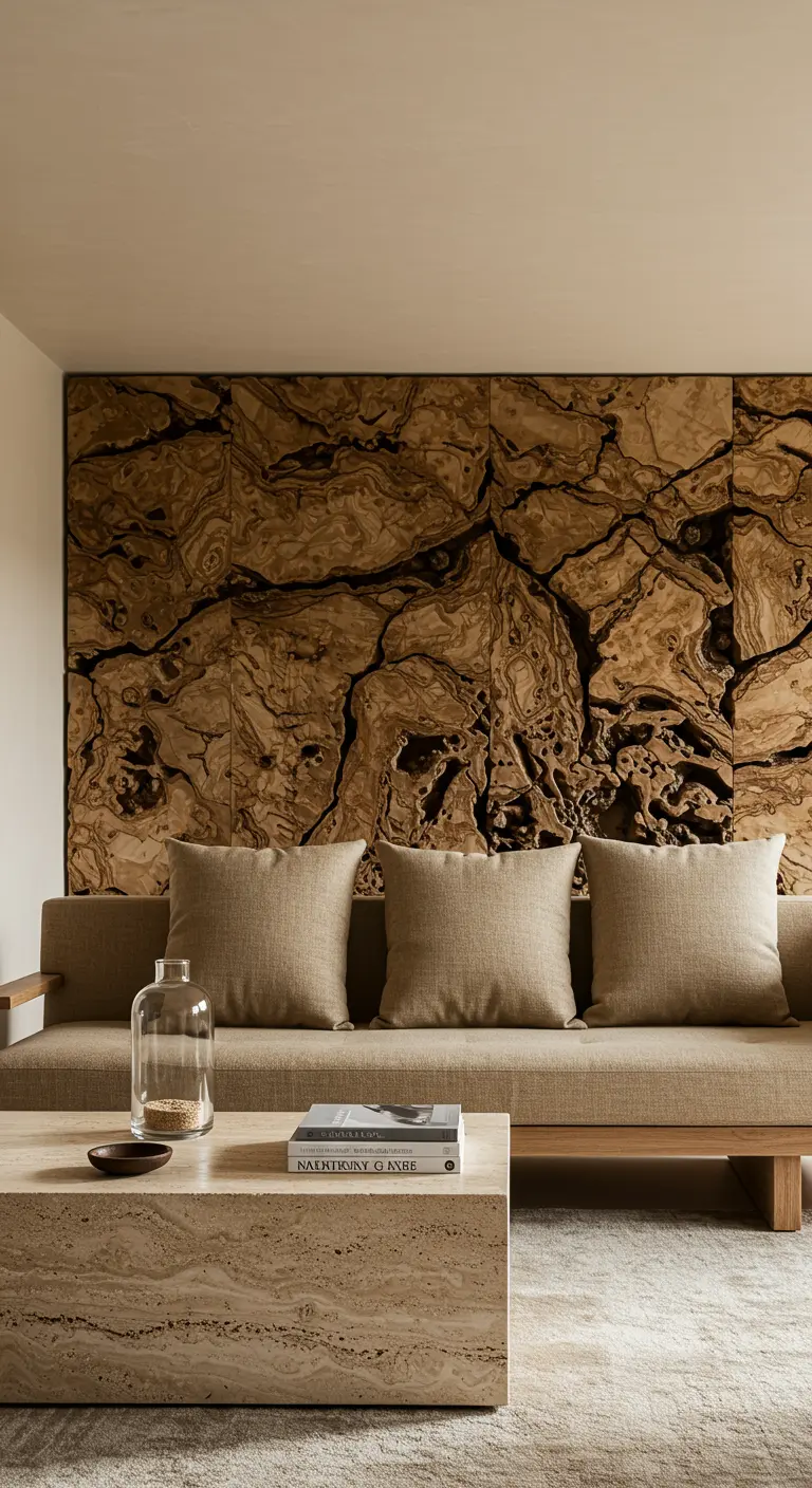 Sofá beige frente a una impresionante pared de acento con textura de piedra natural.