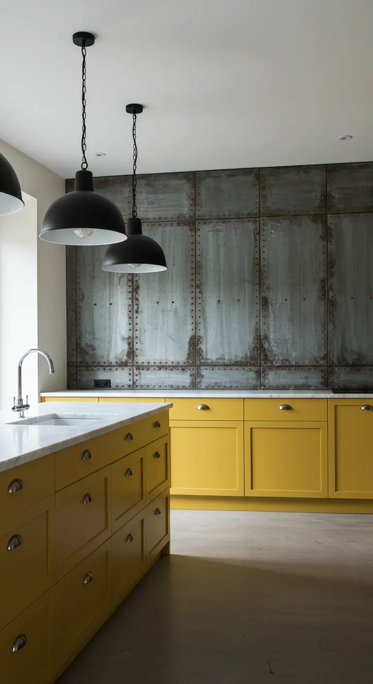 Cocina con gabinetes mostaza, encimera de mármol y pared de metal industrial con remaches.