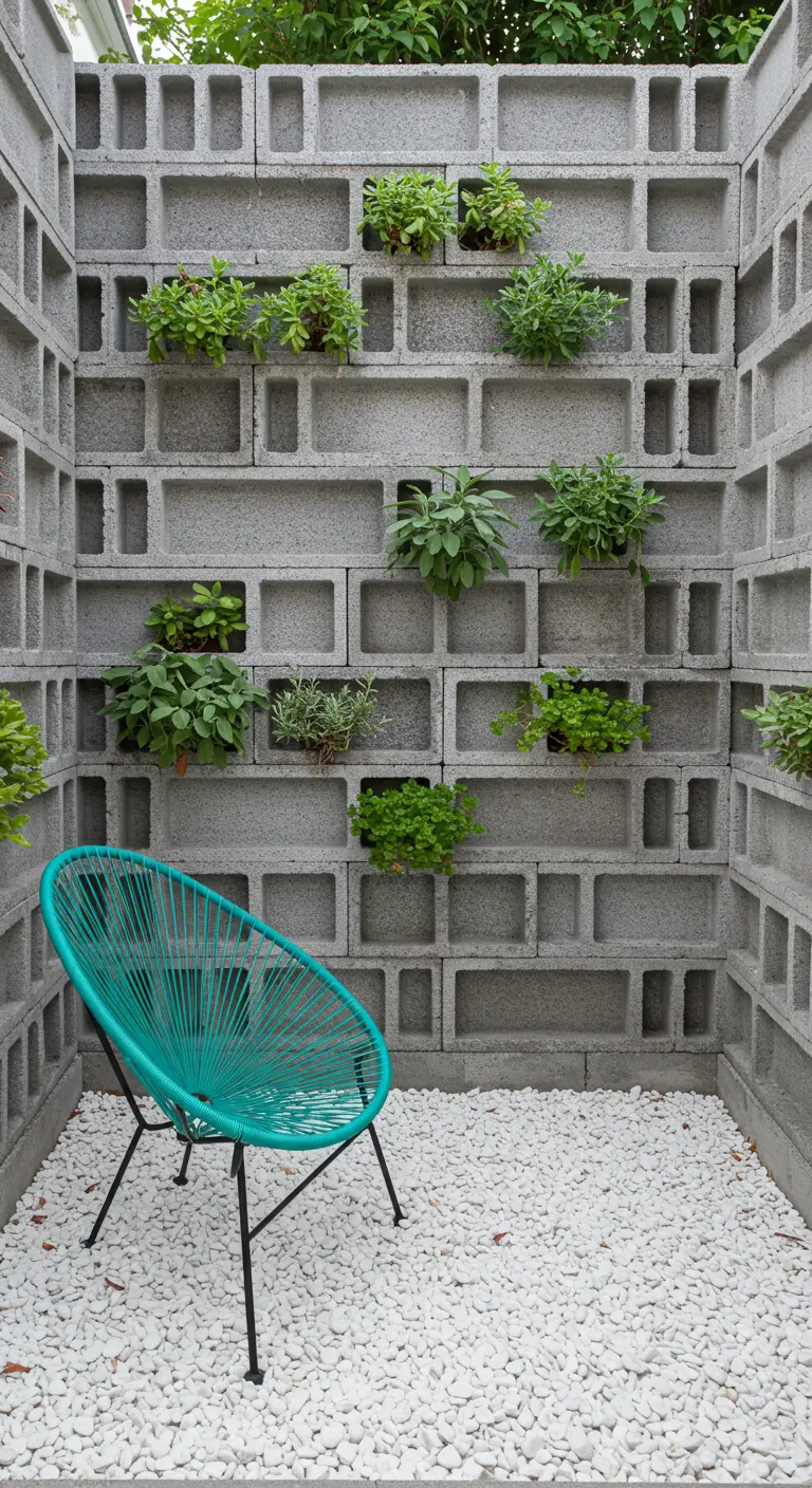 Pared de bloques de hormigón utilizada como jardín vertical con una silla Acapulco.