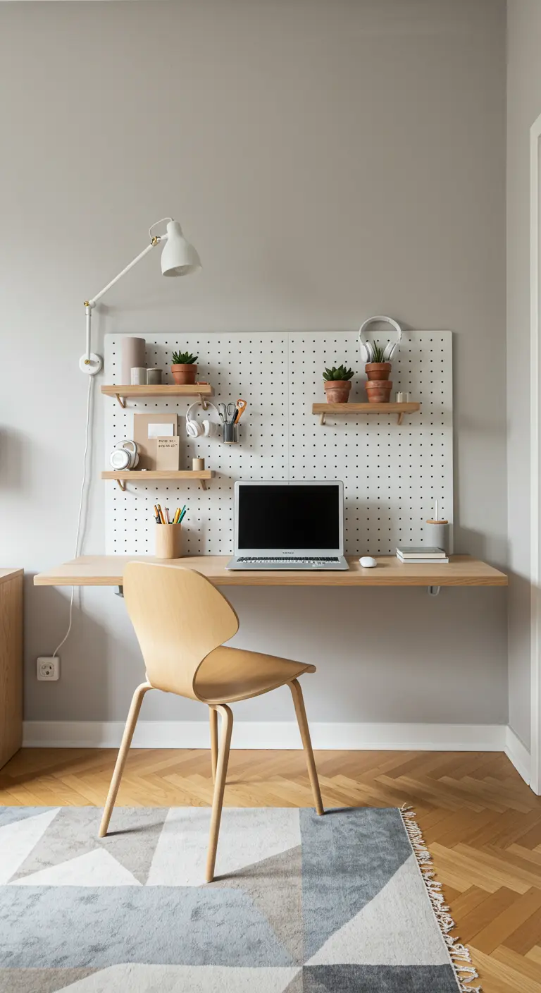 Rincón de trabajo de estilo escandinavo con escritorio flotante de madera y tablero perforado blanco.