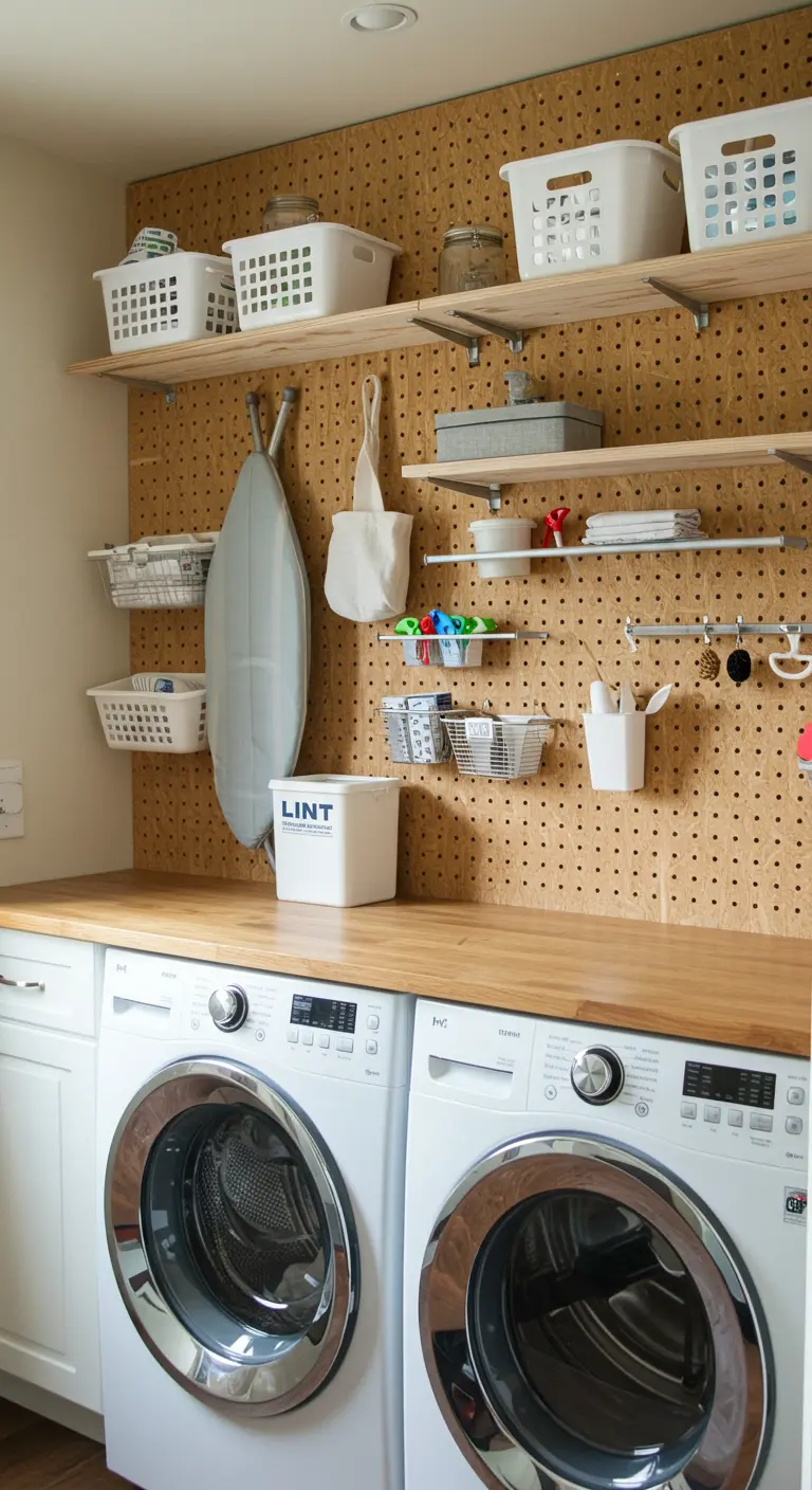 Pared de tablero perforado (pegboard) en una lavandería para organizar accesorios de limpieza.