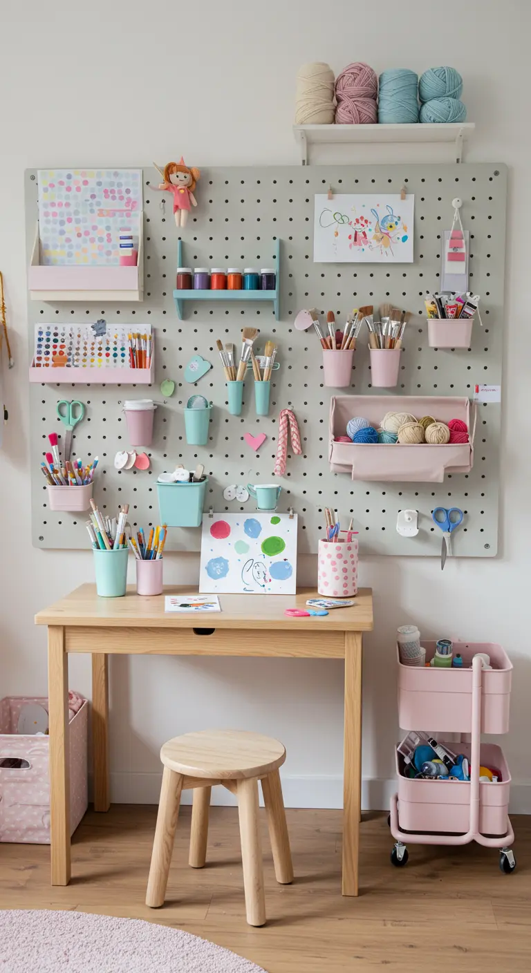 Pared de tablero perforado (pegboard) organizada con materiales de arte en tonos pastel.