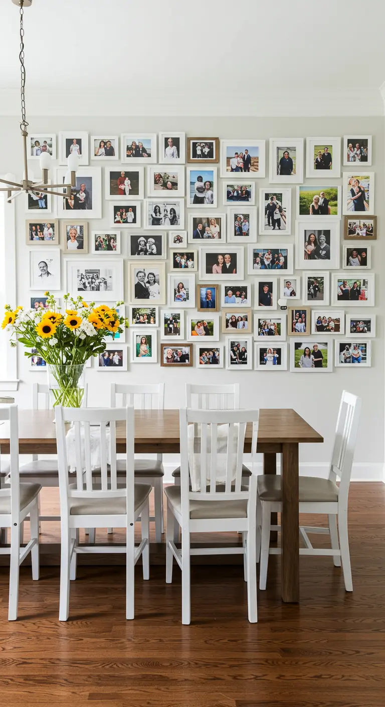 Pared de comedor completamente cubierta con fotos familiares en marcos blancos idénticos
