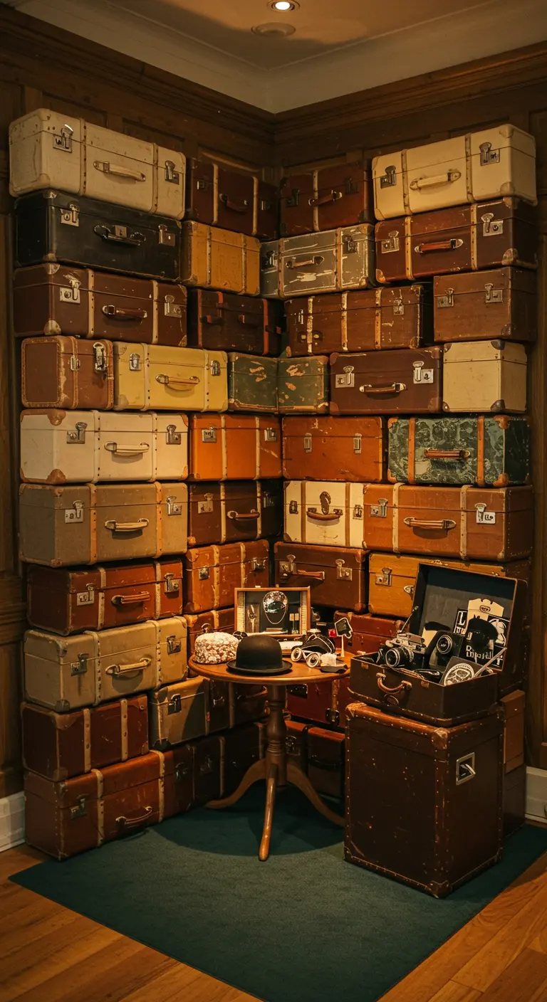 Pared de maletas vintage apiladas como fondo para un photocall de boda temático.