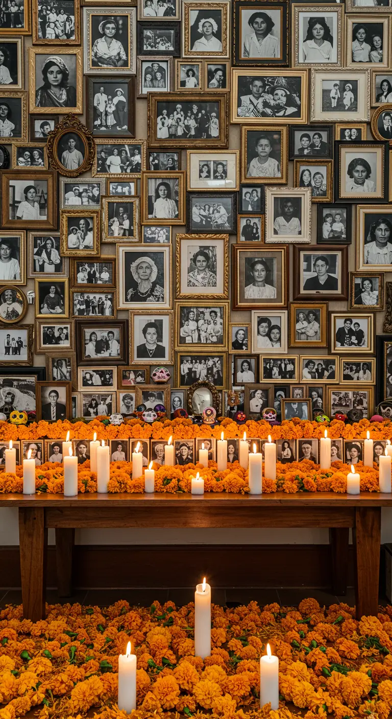 Pared completamente cubierta con retratos familiares enmarcados, sobre un altar con velas.