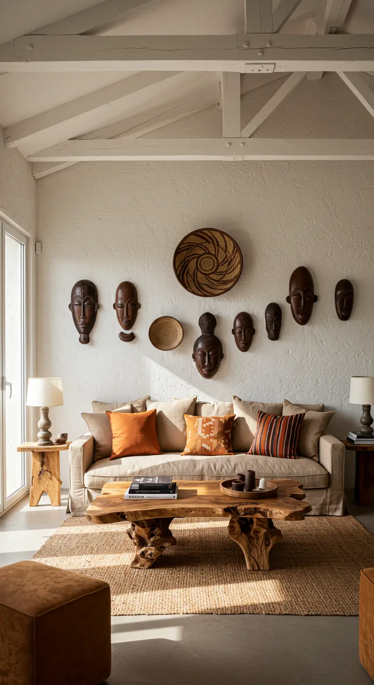 Salón con sofá beige y una pared decorada con máscaras africanas de madera y cestos tejidos.