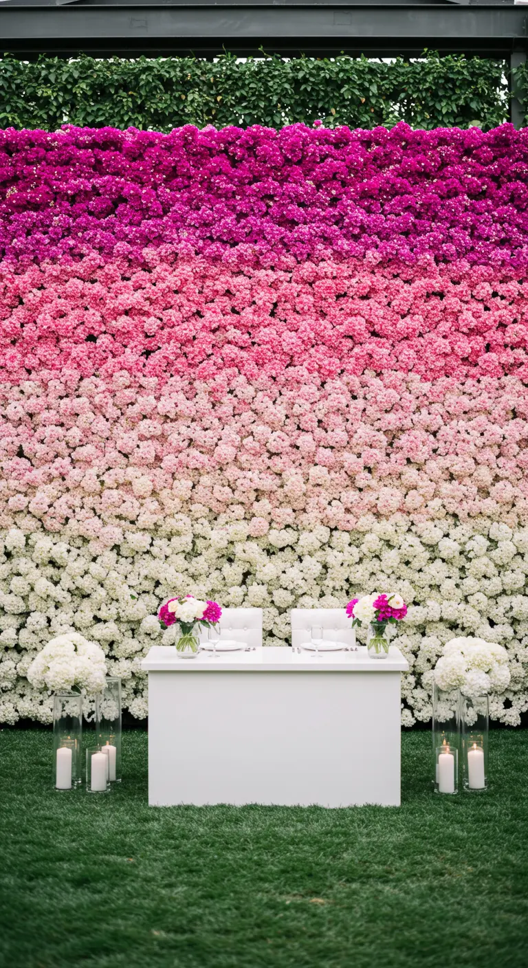 Pared de flores con degradado de blanco a fucsia detrás de la mesa principal.