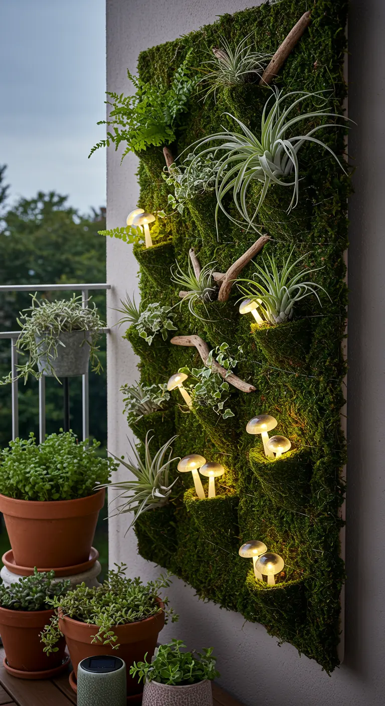 Jardín vertical de musgo y plantas de aire decorado con pequeñas luces solares en forma de seta.