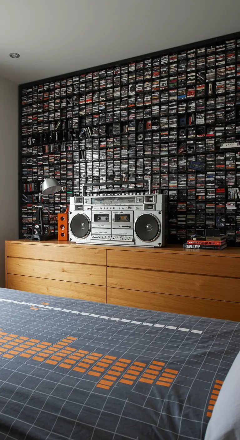 Pared de un dormitorio de los 80 cubierta por una gran colección de cintas de casete.