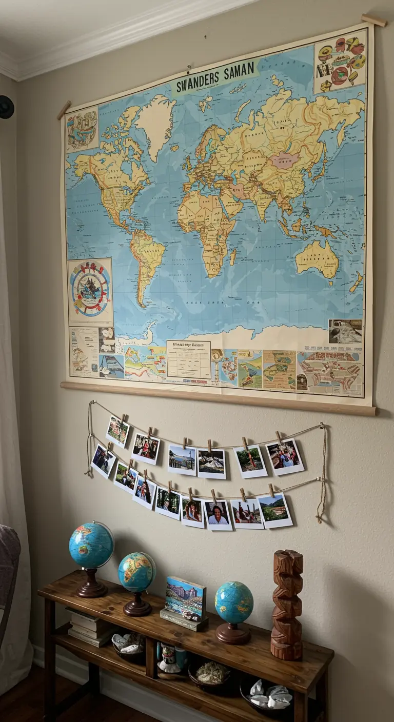 Pared decorada con un gran mapa del mundo vintage y una guirnalda de fotos de viajes colgadas.