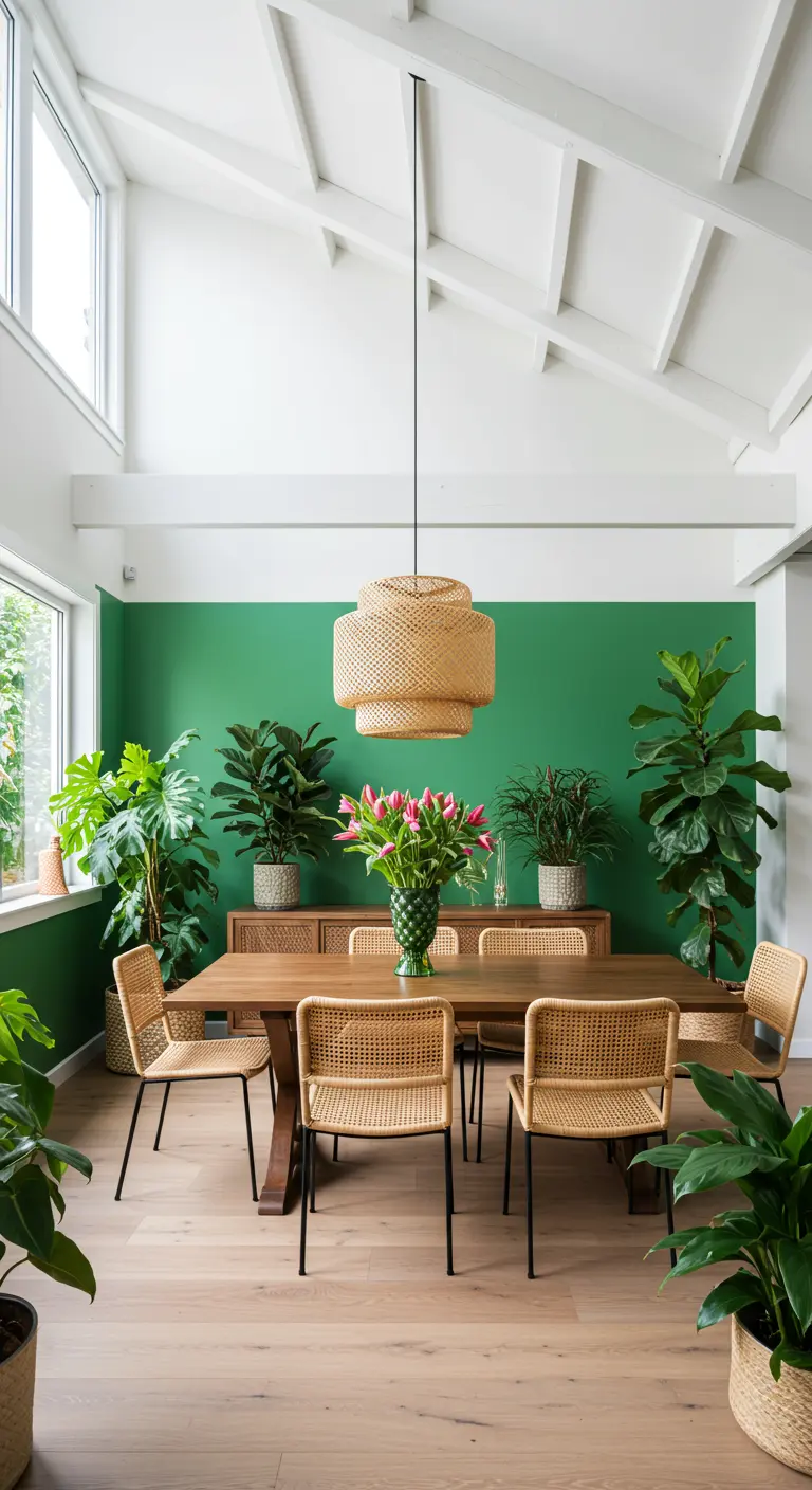 Comedor luminoso con una pared de acento en verde esmeralda, rodeado de plantas y sillas de ratán.