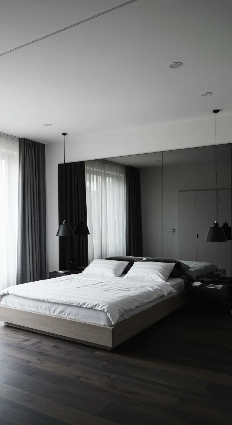 Dormitorio minimalista con una pared de espejo ahumado detrás de la cama baja de madera.