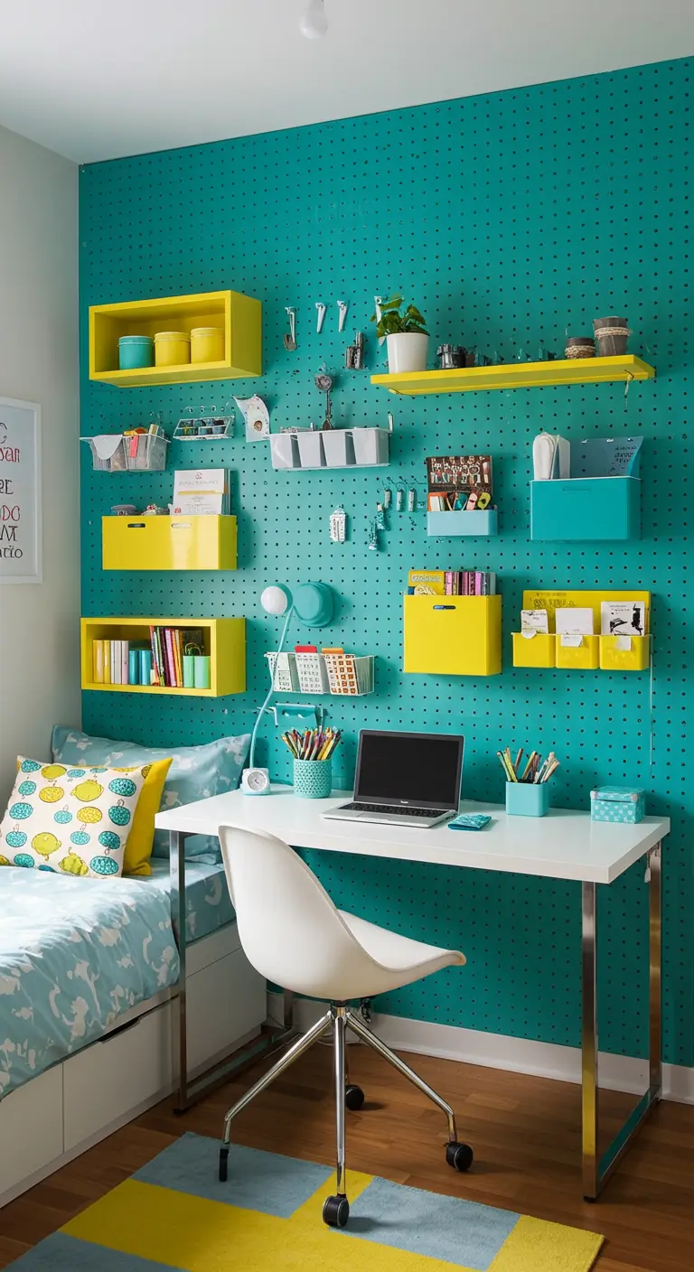 Zona de estudio con una gran pared de tablero perforado (pegboard) turquesa y organizadores amarillos.