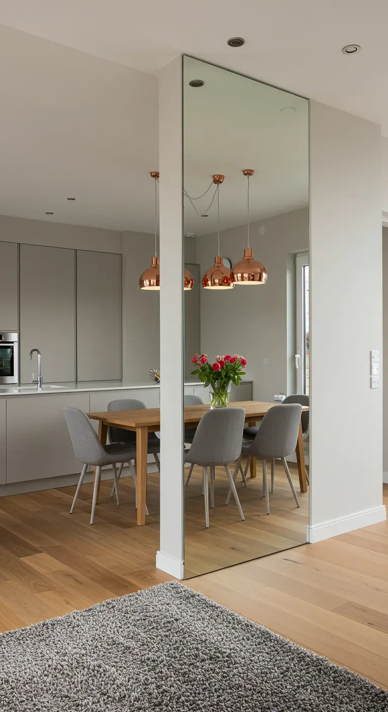 Comedor y cocina de planta abierta separados por un gran panel de espejo vertical