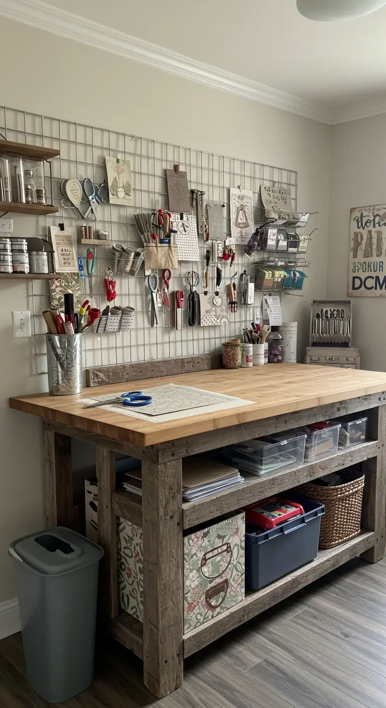 Mesa de trabajo de madera con una gran rejilla metálica en la pared llena de herramientas y materiales de arte.