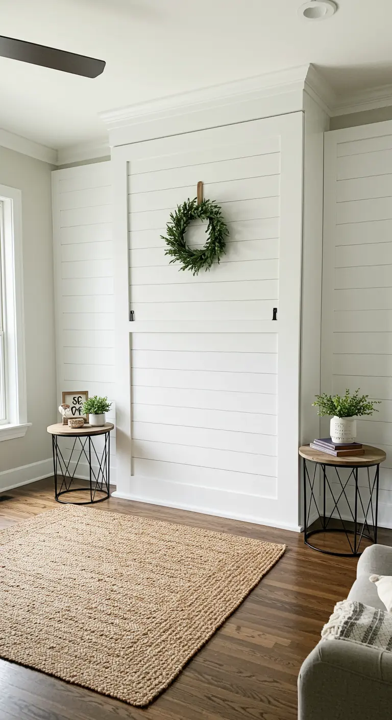 Cama abatible oculta en una pared de listones de madera blancos estilo farmhouse.