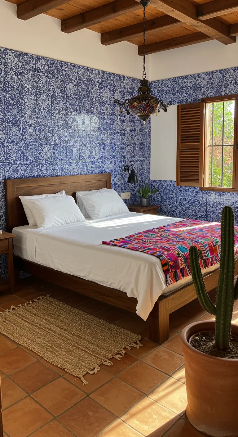 Dormitorio con pared de azulejos de talavera azul, cama de madera y techo con vigas.
