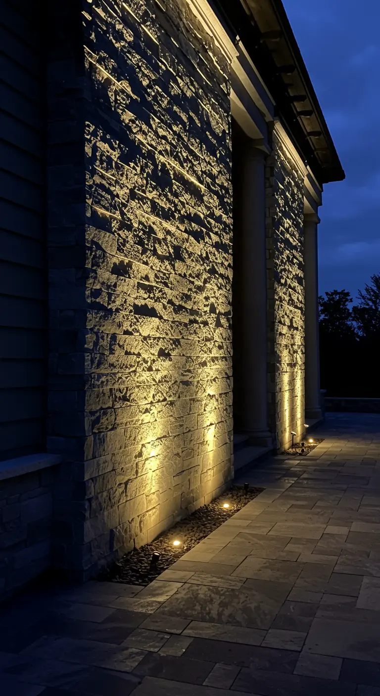 Pared exterior de piedra rústica iluminada desde abajo por varios focos que crean sombras.