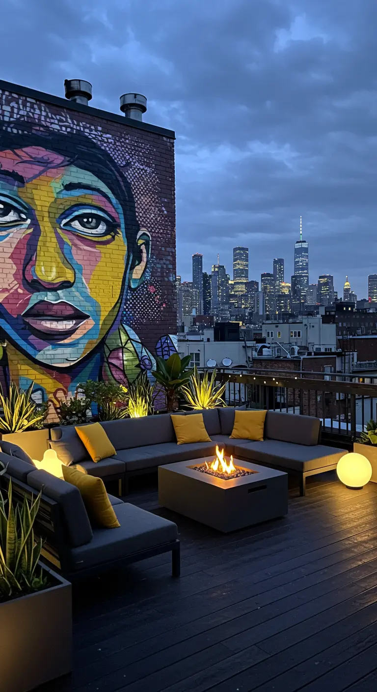 Terraza en una azotea con un gran mural de grafiti, sofás grises y un fogón central