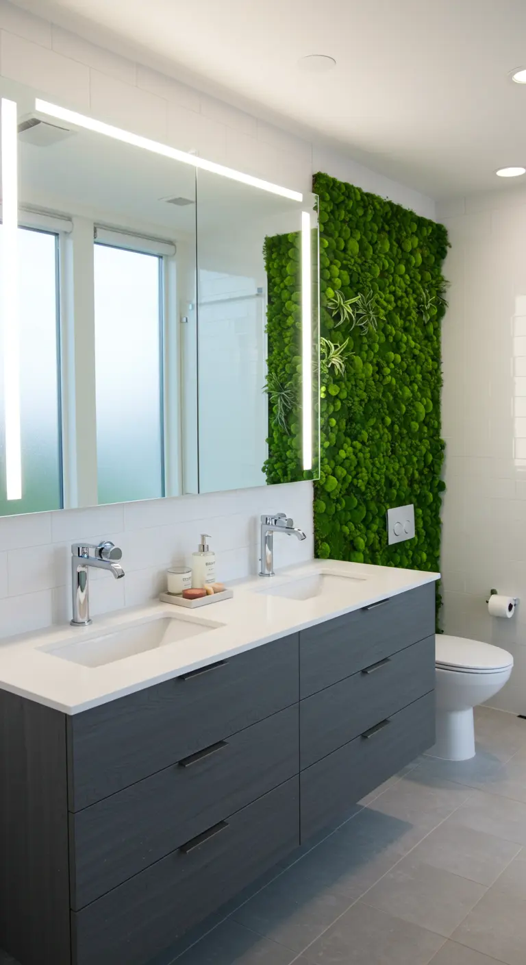 Baño contemporáneo con una pared entera cubierta de musgo verde preservado.