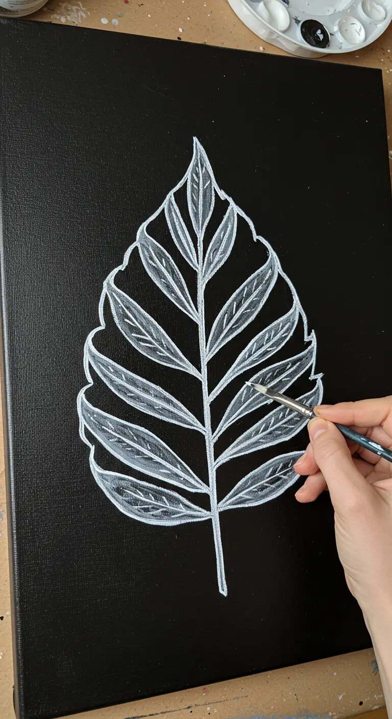 Mano pintando con un pincel fino el contorno blanco de una hoja sobre un lienzo negro