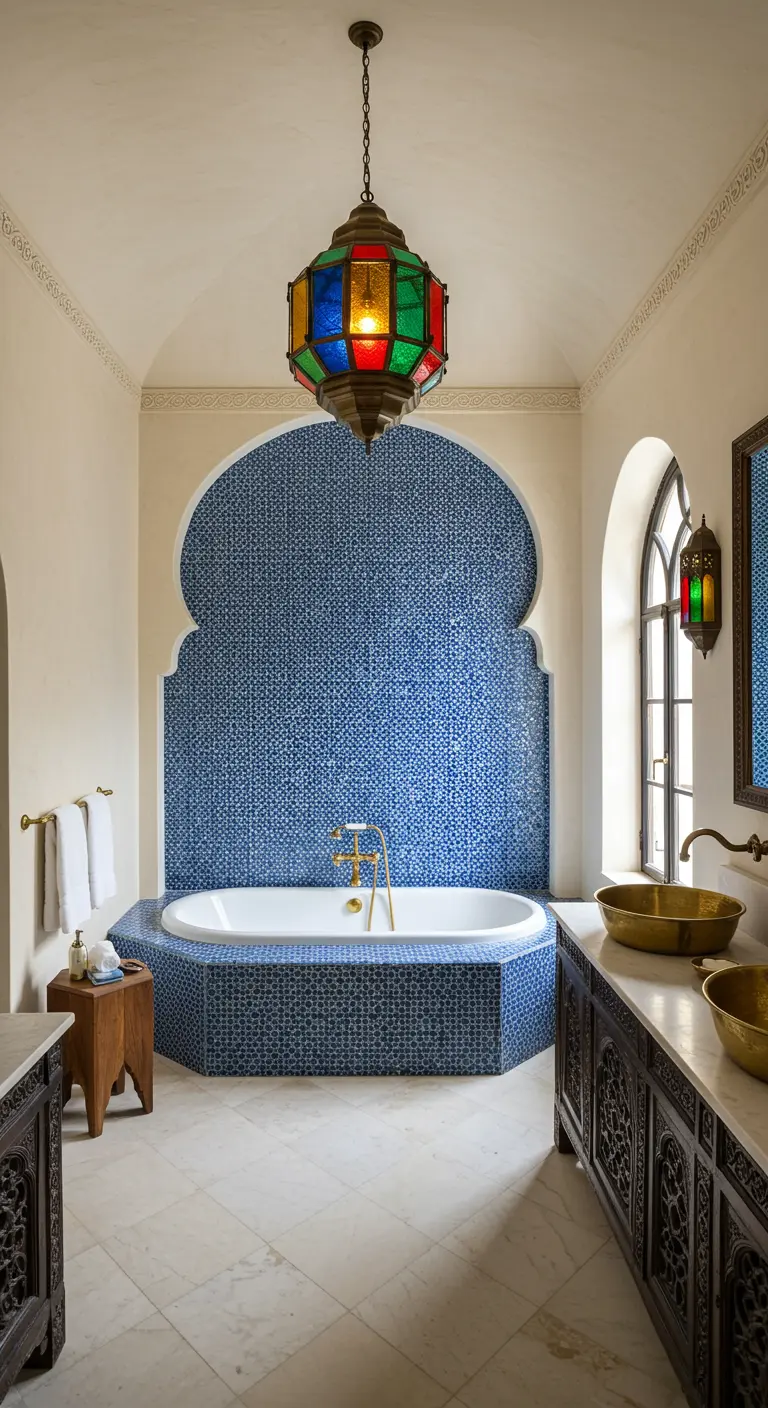 Baño de inspiración marroquí con arco de mosaico azul, lámpara de vitral y lavabos de latón.