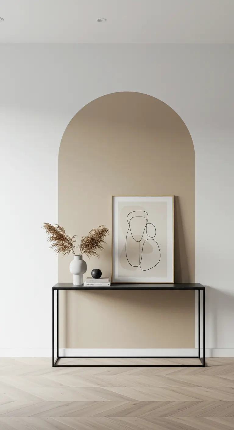 Consola minimalista enmarcada por un arco pintado en color beige sobre una pared blanca.