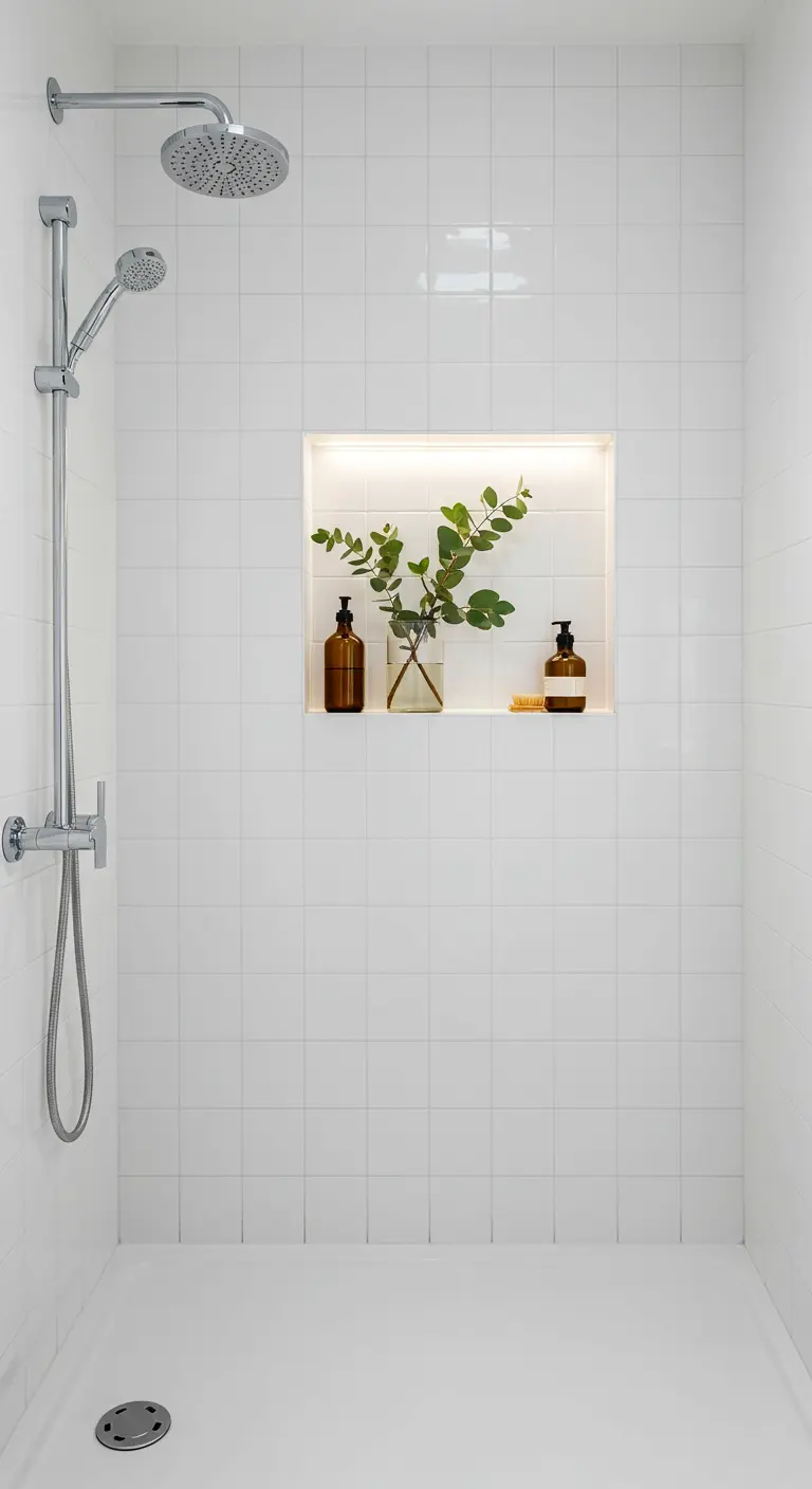 Nicho de ducha iluminado con un jarrón de cristal con eucalipto y dispensadores de jabón.