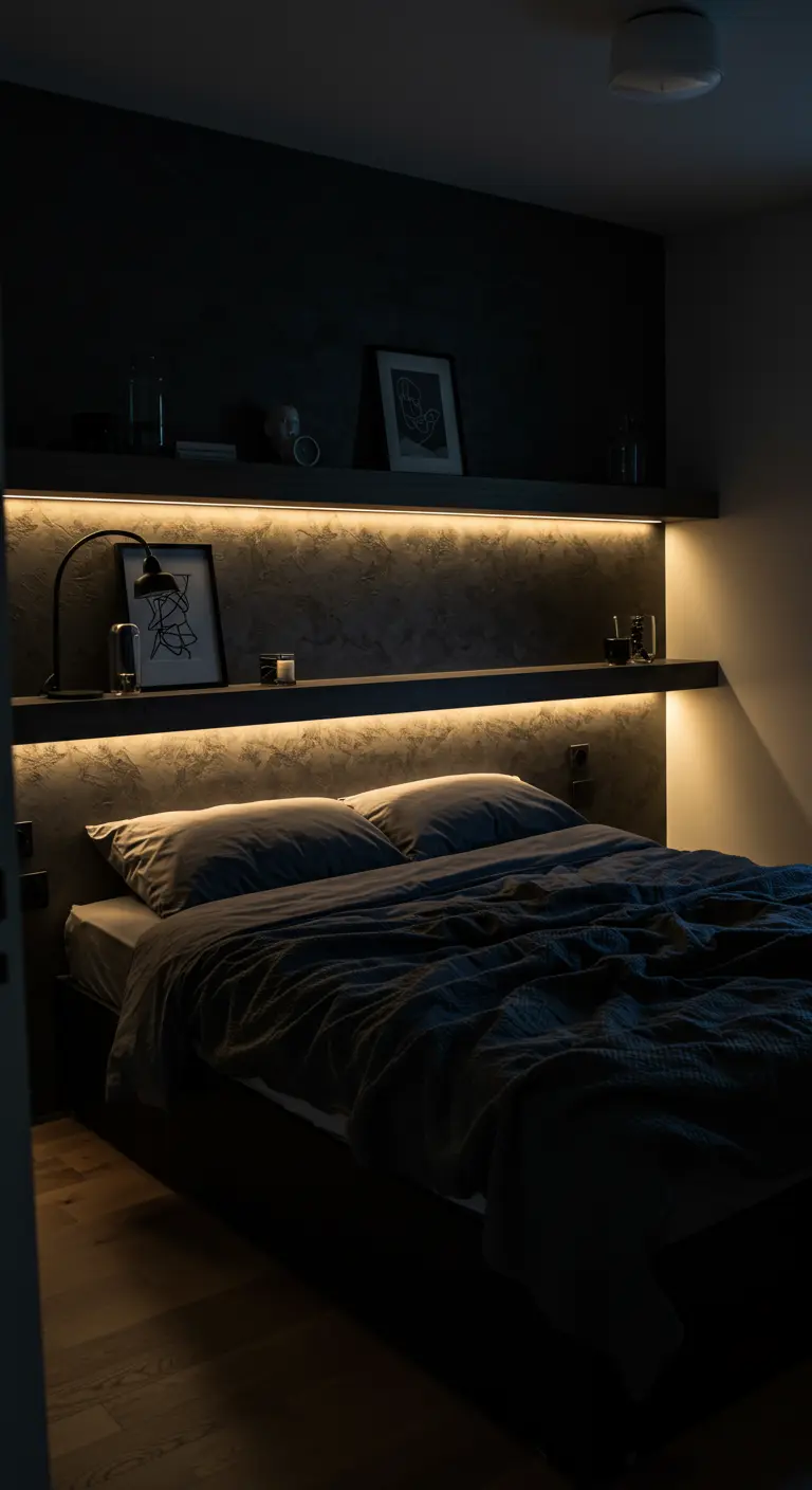 Estanterías empotradas en la pared sobre la cama con iluminación LED cálida integrada.