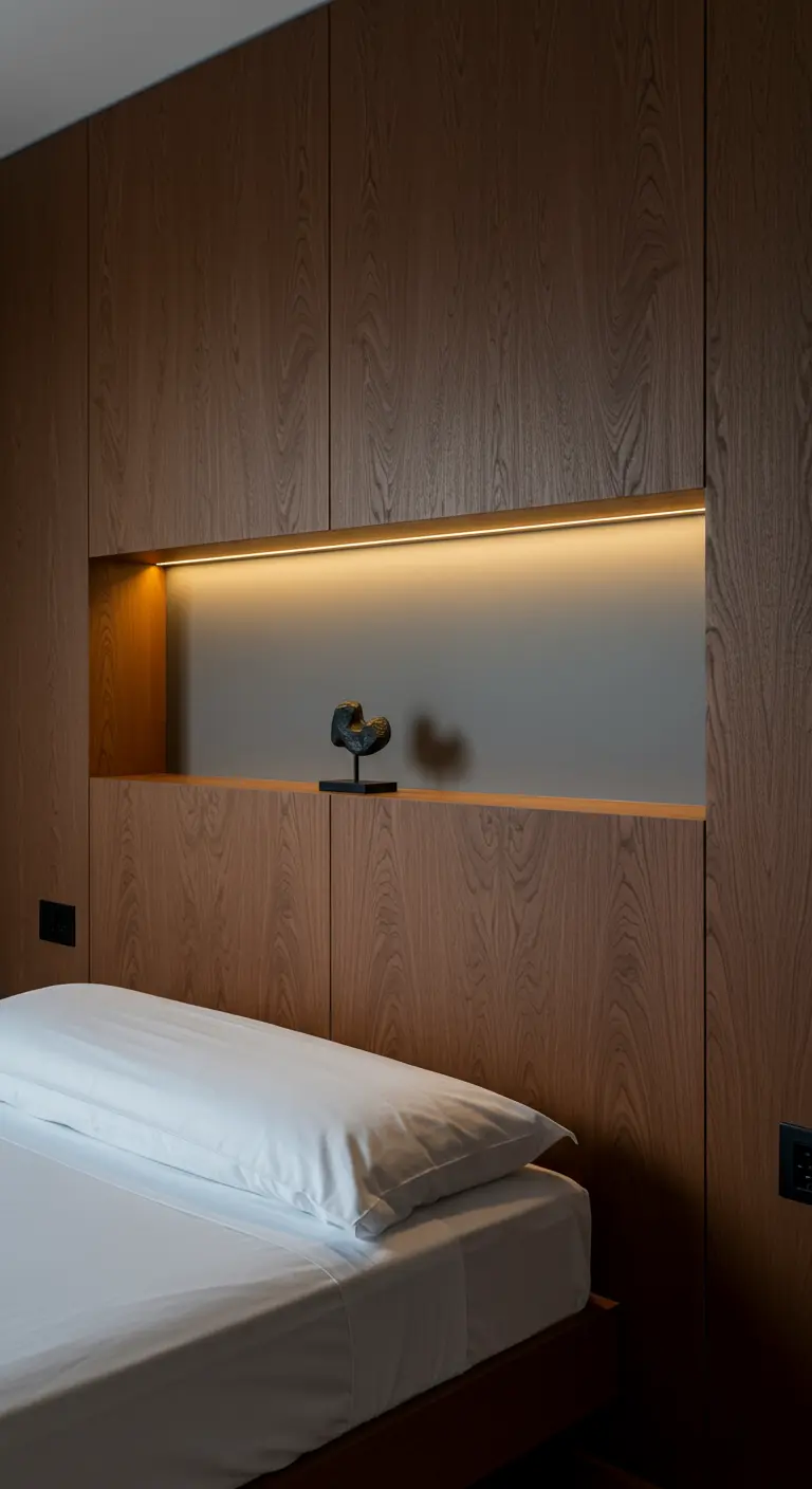 Nicho de madera iluminado con una tira LED sobre una cama, con una pequeña escultura.