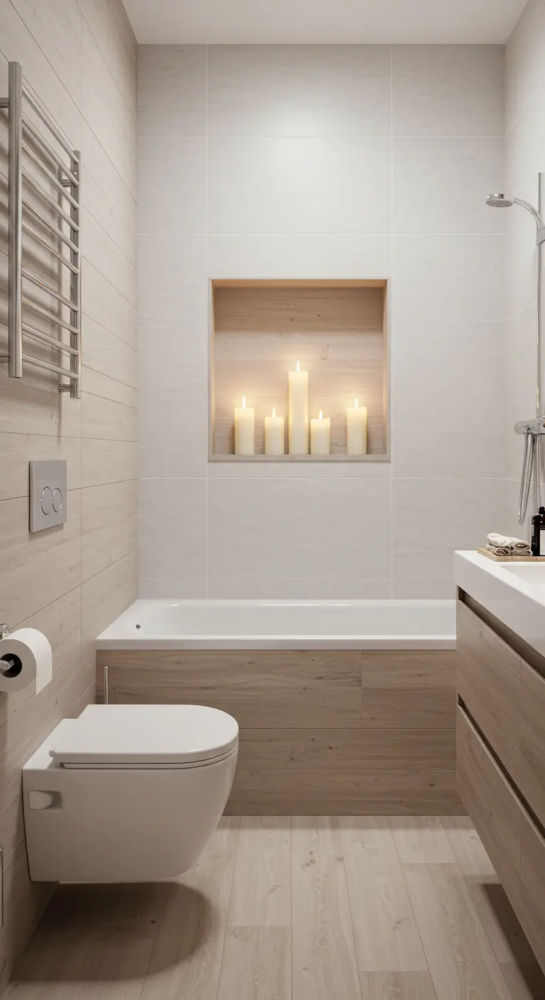 Baño moderno con bañera y un nicho en la pared iluminado con velas.
