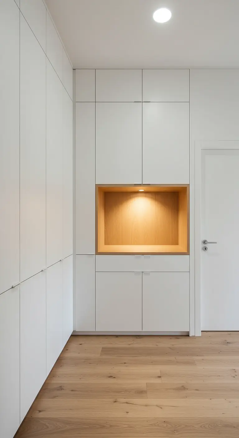 Armarios blancos empotrados con un nicho central de madera iluminado.