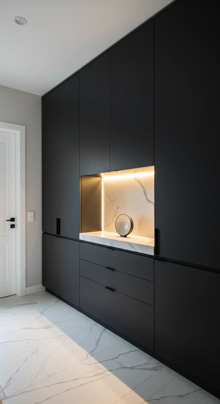 Armarios empotrados en negro mate con un nicho central de mármol blanco iluminado.