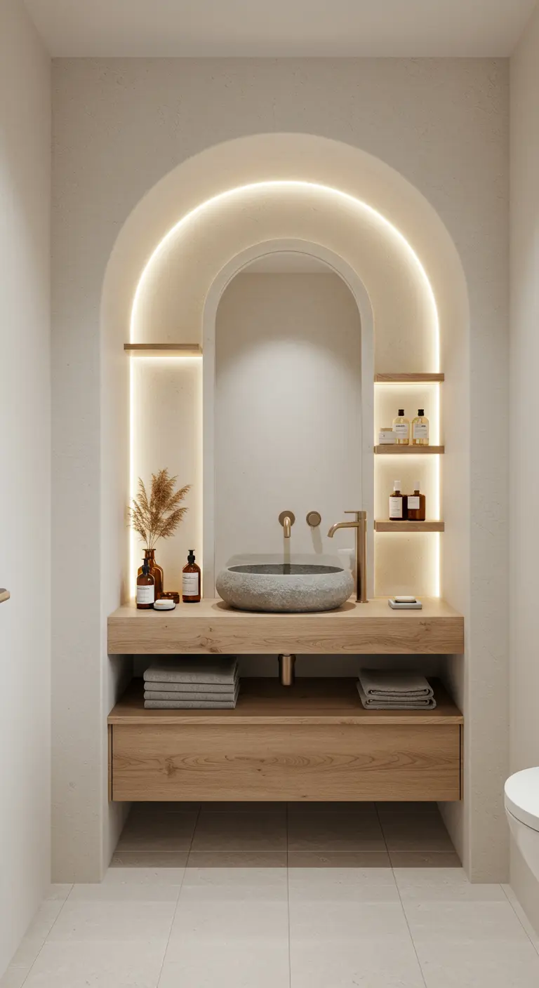Nicho en forma de arco con iluminación LED indirecta sobre un lavabo de piedra