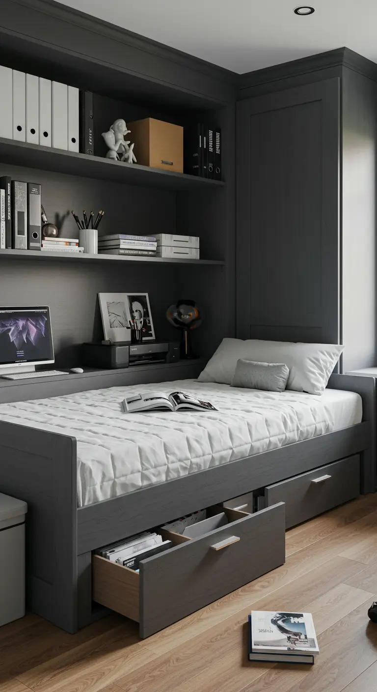 Cama individual gris integrada en una estantería a medida, con cajones inferiores y zona de estudio.