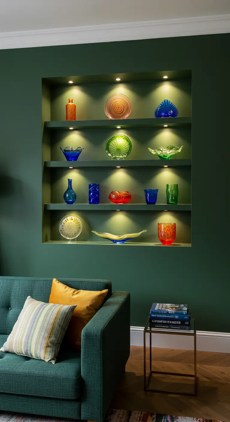 Un nicho empotrado en una pared verde con estanterías iluminadas exhibiendo cristalería de colores.