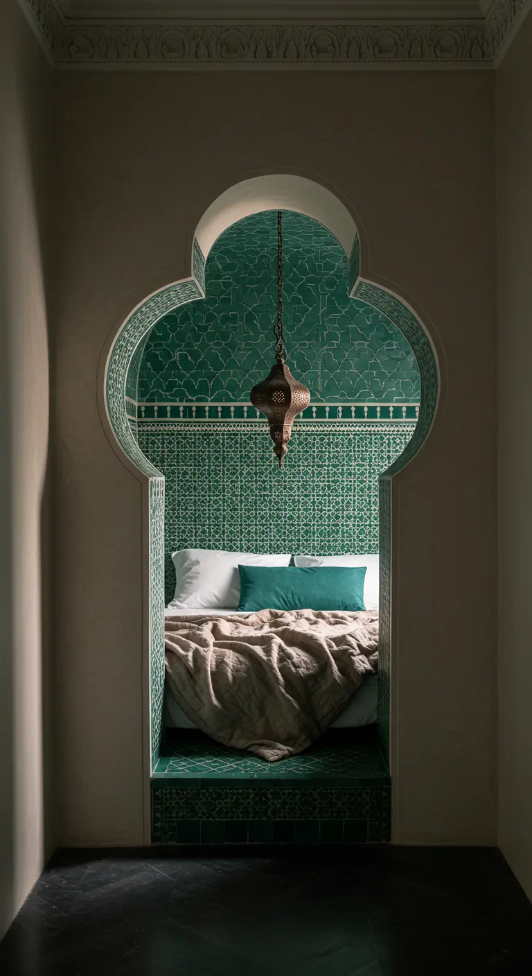 Nicho de cama en un arco marroquí, revestido de azulejos verdes brillantes y con una lámpara colgante.