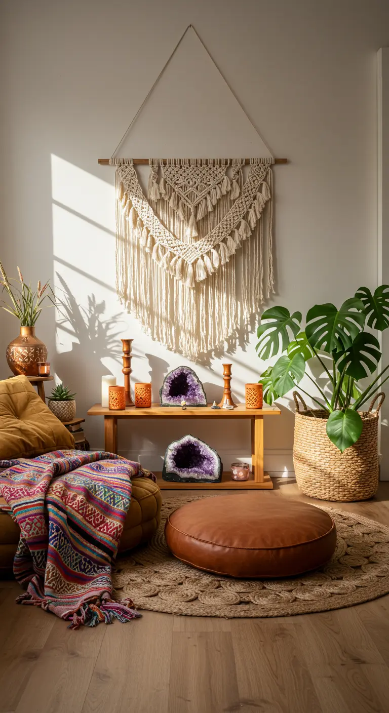 Rincón de meditación bohemio con tapiz de macramé, cojines y geodas de amatista.