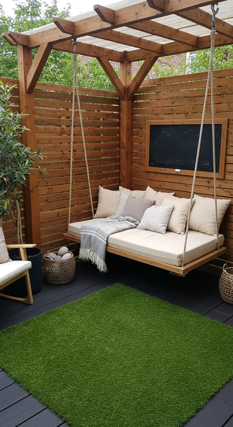 Rincón de patio íntimo con estructura de madera, un sofá colgante con cojines y una pequeña pizarra.