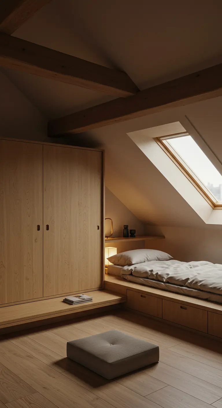 Cama baja integrada en una plataforma de madera en un ático con techo inclinado.