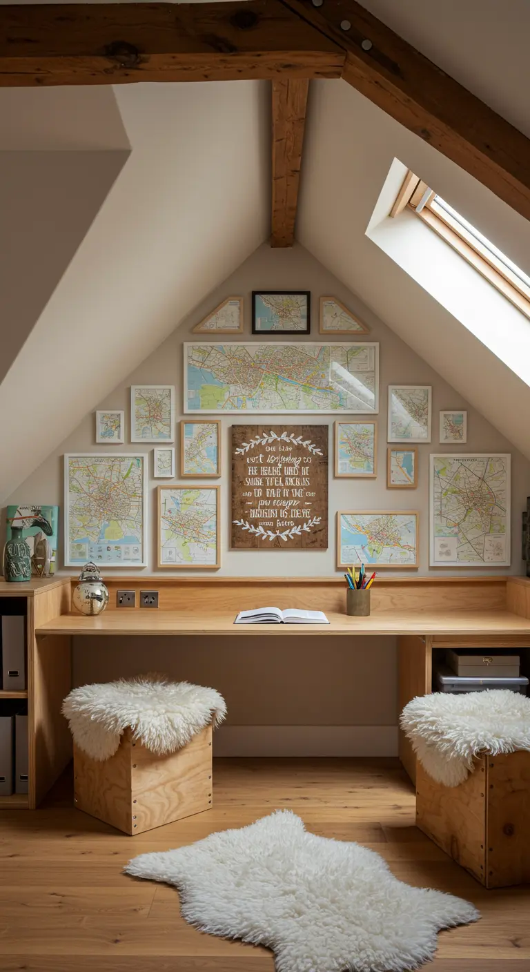 Acogedor estudio en un ático con escritorio de madera y una galería de mapas en la pared inclinada.