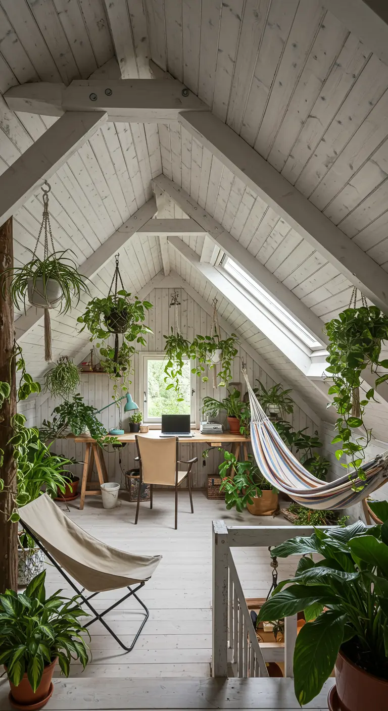 Oficina en un ático con paredes de madera blanca, muchas plantas colgantes y una hamaca.