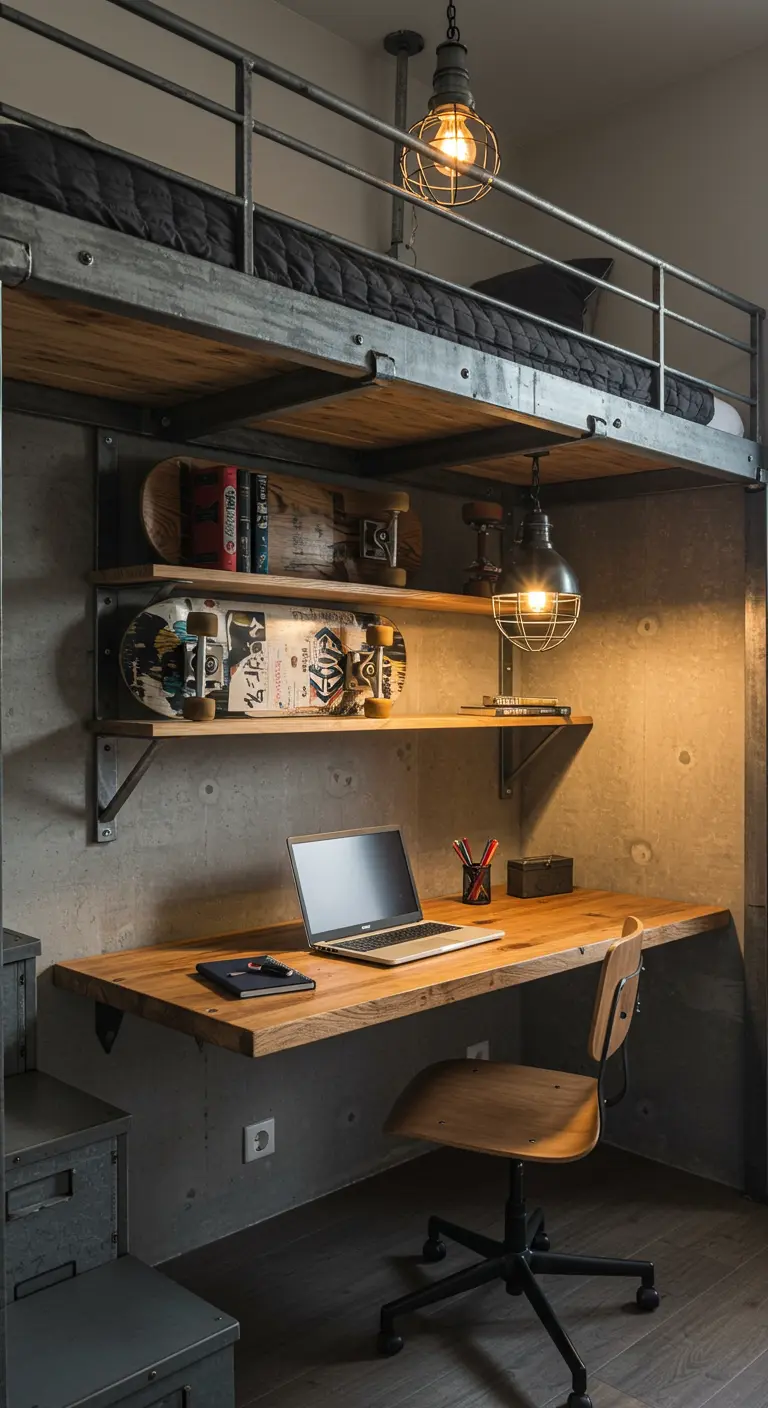 Escritorio de madera integrado bajo una cama alta de metal en un dormitorio de estilo industrial.