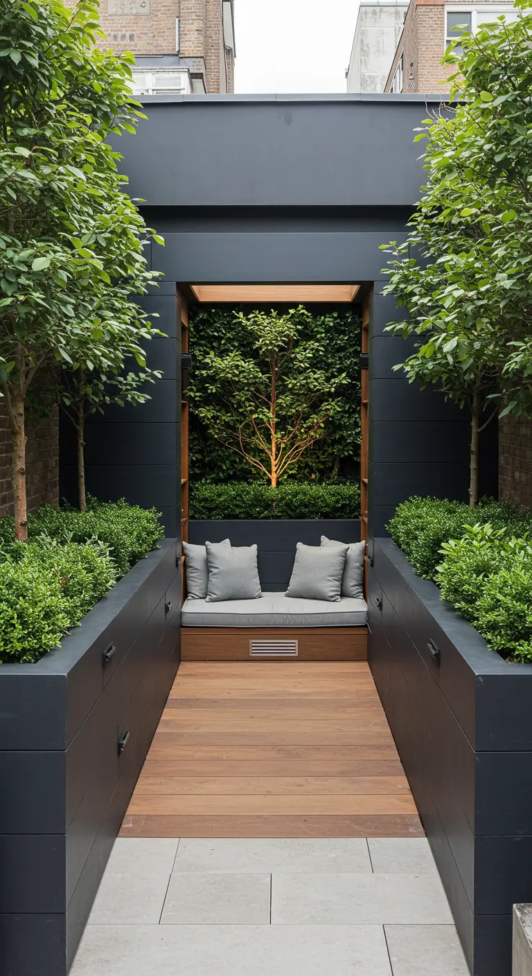 Patio moderno con una zona de asientos hundida, jardineras elevadas con árboles y suelo de madera.