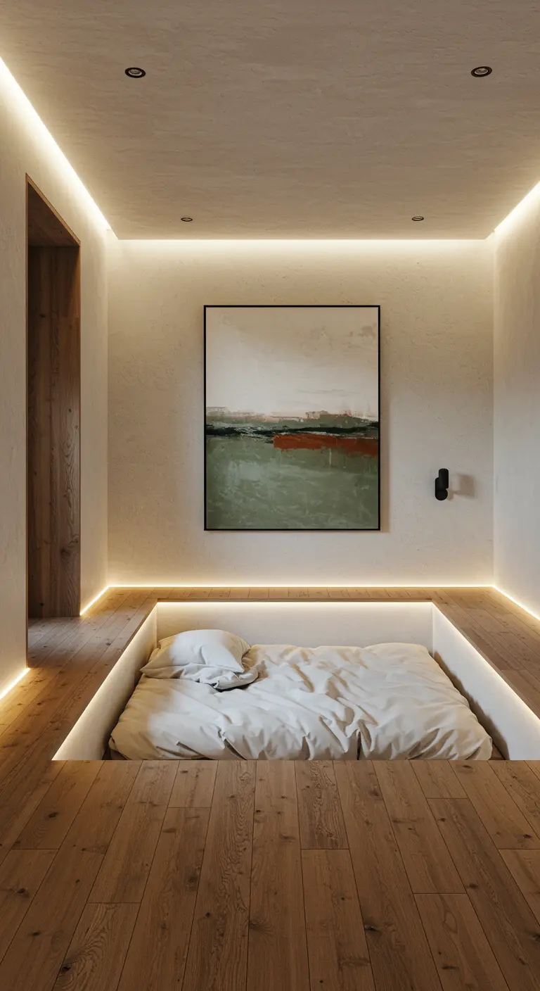 Cama hundida en el suelo de madera, iluminada con luces LED perimetrales.