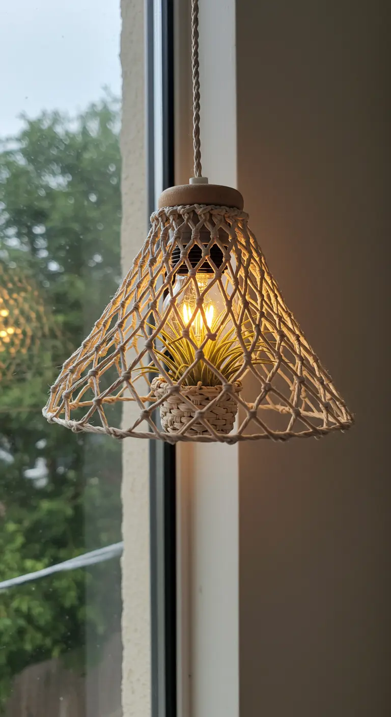 Lámpara colgante de macramé con una planta de aire Tillandsia en la base.