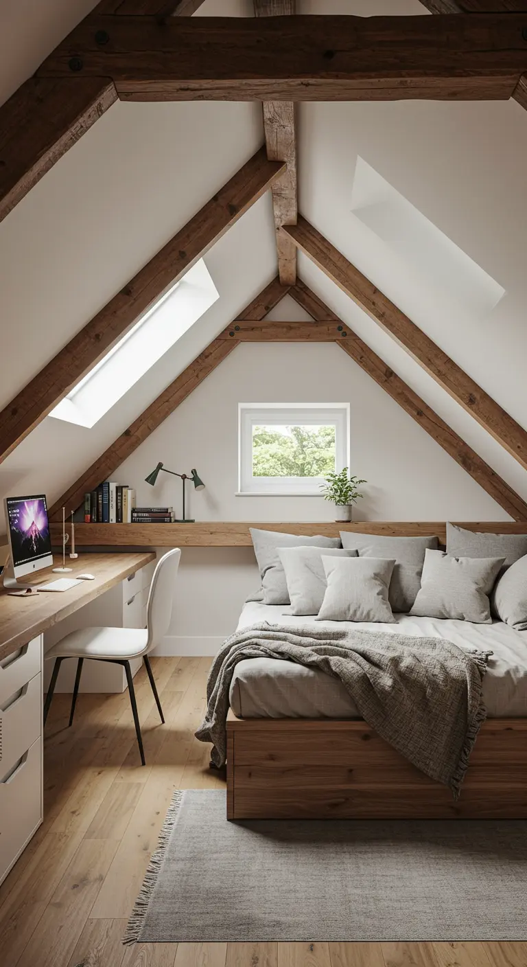 Dormitorio en ático con vigas de madera, cama y un largo escritorio de madera bajo la ventana.