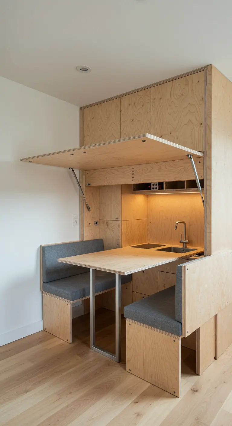 Pequeño comedor con bancos integrados y una mesa de madera que se pliega hacia arriba.