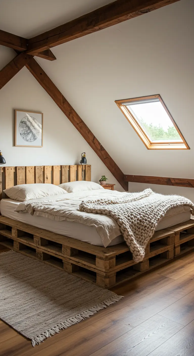 Dormitorio abuhardillado con cama baja de palets, manta de punto y vigas de madera.
